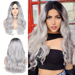 Long Wavy Curly Wig Ombre Gray Wigs For Women Middle Part Synthetic Wigs