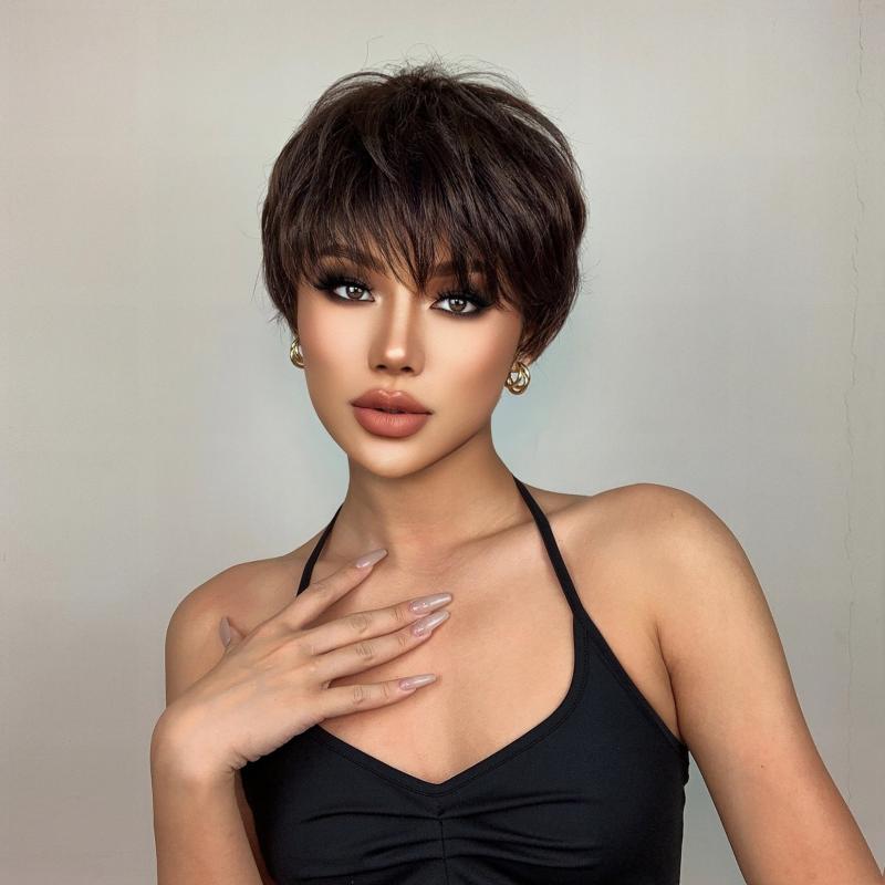 Brown Short Straight Hair Synthetic Wig with Bangs