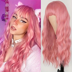 Pink Wavy Synthetic Hair Wig with Bangs for Women Girls