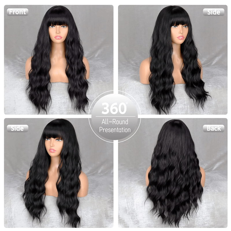 Long Wavy Wig with Bangs Synthetic Hair