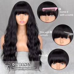 Long Wavy Wig with Bangs Synthetic Hair