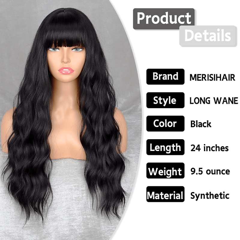 Long Wavy Wig with Bangs Synthetic Hair