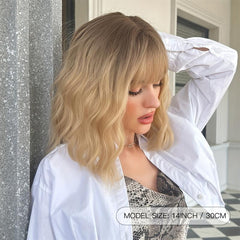 Ombre Blonde Bob Wig With Bangs Short Wavy Synthetic Colored Wig