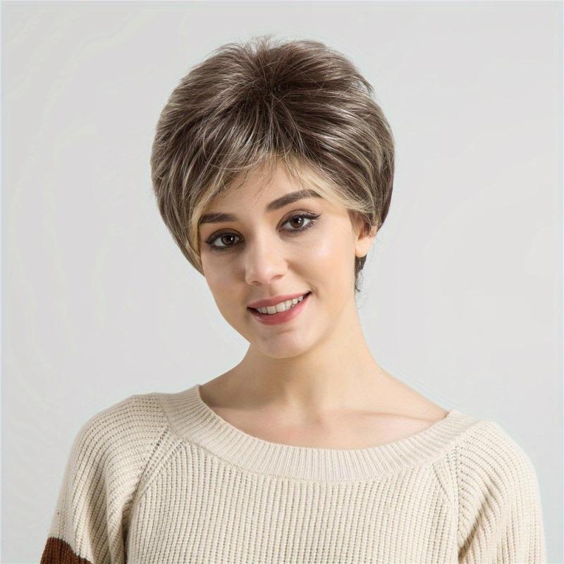Pixie Cut Wigs Ombre Brown Straight Hair Wigs For Women Synthetic Hair
