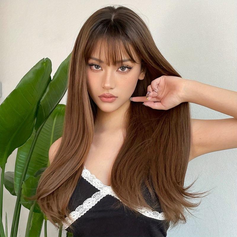 60 96 Cm Long Straight Hair Wigs With Bangs Synthetic Natural Look Hair Wigs