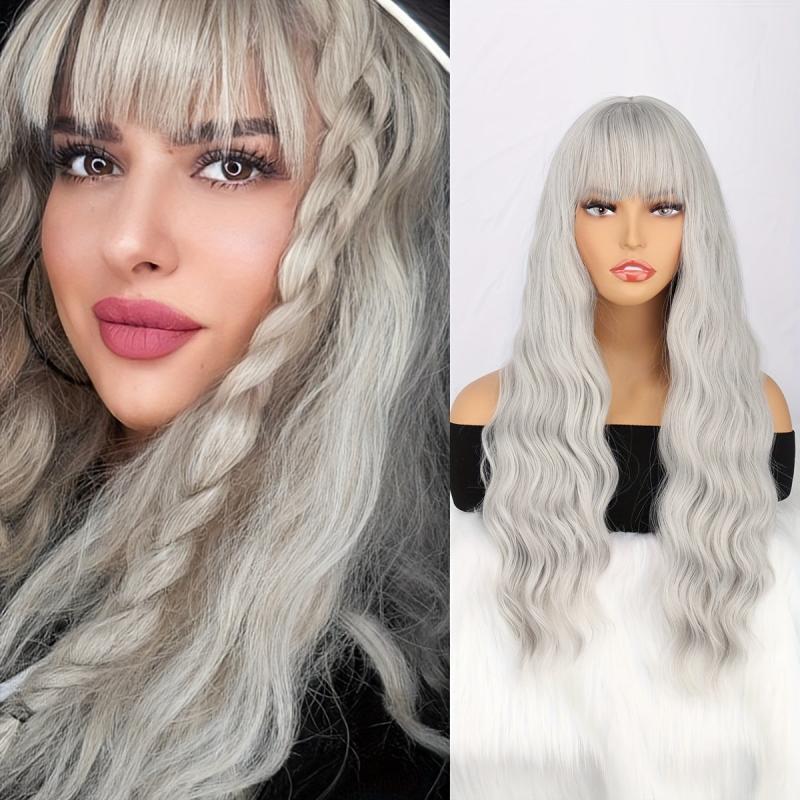 66 Cm Orange Water Wave Synthetic Hair Wig with Bangs