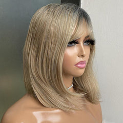 Short Pixie Bob Wig With Bangs Ombre Blonde Synthetic Wig