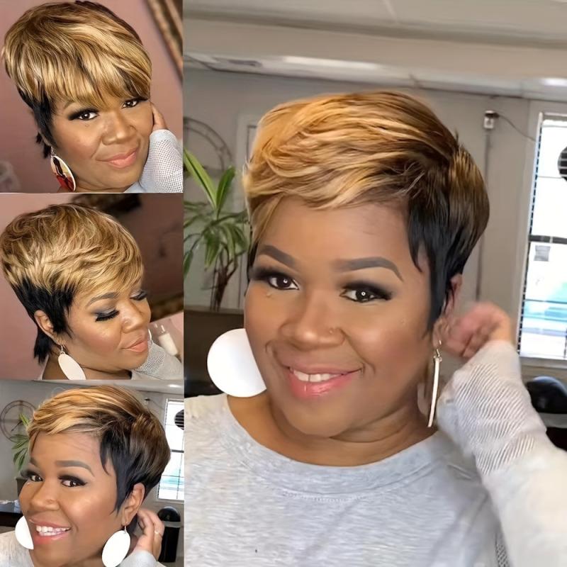 Wavy Ombre Brown Mixed Short Pixie Wig With Bangs