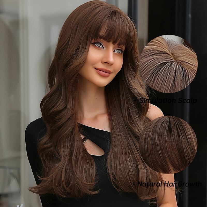 Long Brown Wig for Women with Bangs Wavy Curly Synthetic Hair