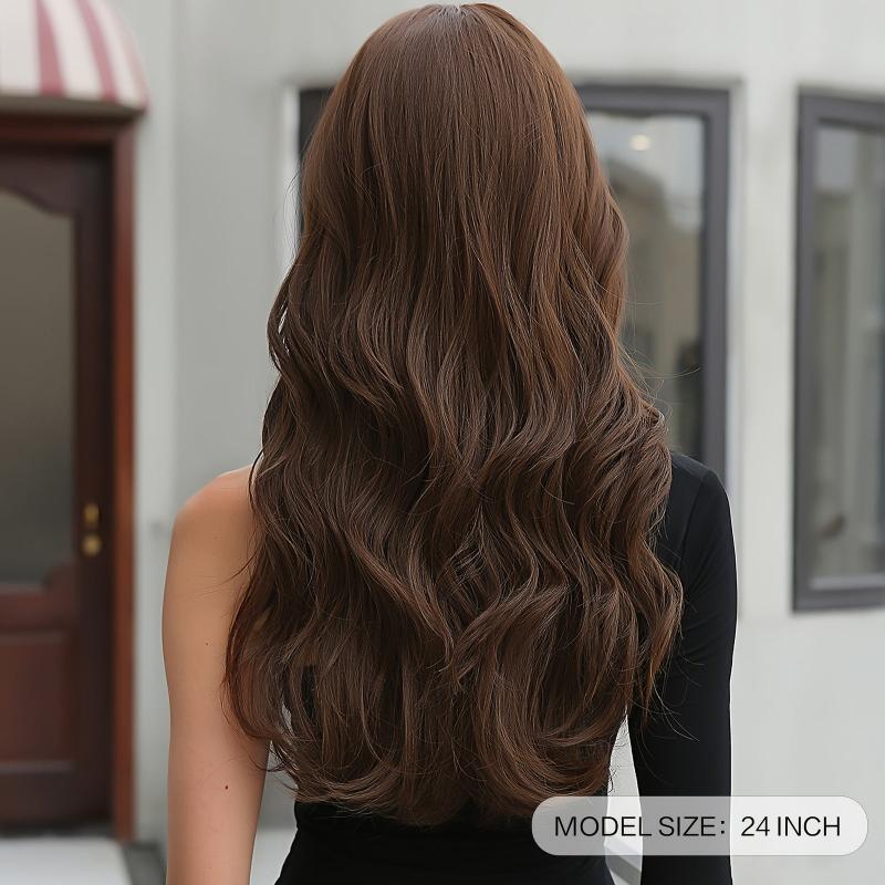 Long Brown Wig for Women with Bangs Wavy Curly Synthetic Hair
