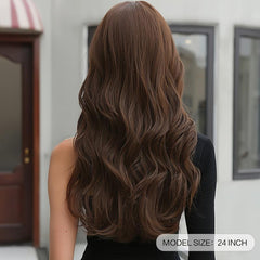 Long Brown Wig for Women with Bangs Wavy Curly Synthetic Hair