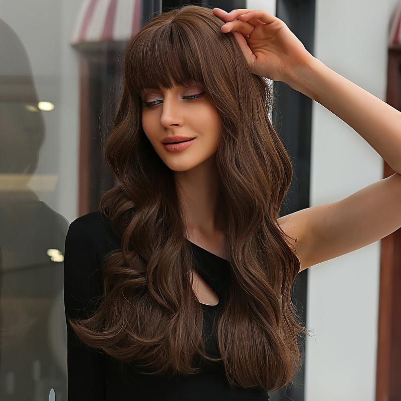 Long Brown Wig for Women with Bangs Wavy Curly Synthetic Hair