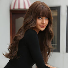 Long Brown Wig for Women with Bangs Wavy Curly Synthetic Hair