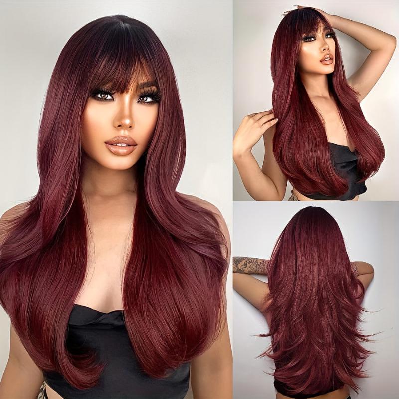 60 96 Cm Long Wavy Brown Wig with Bangs Heat Resistance Layered Wigs for Women