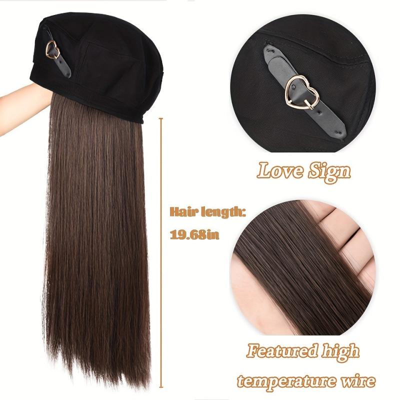 Long Straight Hair Beret Wig with Octagonal Hat for Women