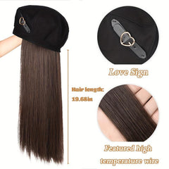 Long Straight Hair Beret Wig with Octagonal Hat for Women