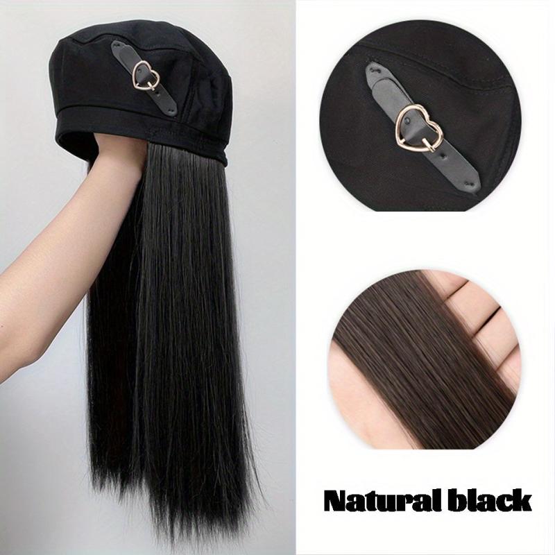 Long Straight Hair Beret Wig with Octagonal Hat for Women