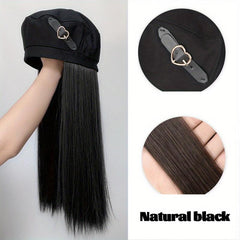 Long Straight Hair Beret Wig with Octagonal Hat for Women