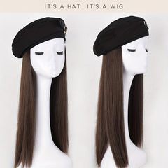 Long Straight Hair Beret Wig with Octagonal Hat for Women