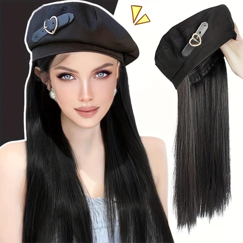 Long Straight Hair Beret Wig with Octagonal Hat for Women