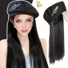 Long Straight Hair Beret Wig with Octagonal Hat for Women