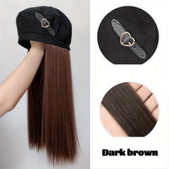 Long Straight Hair Beret Wig with Octagonal Hat for Women
