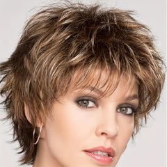 Dark Brown Mixed Blonde Curly Pixie Cut Wigs for Women with Bangs