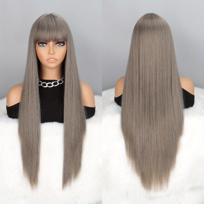 Long Straight Layered Wig With Bangs Middle Part Heat Resistant Synthetic Wig
