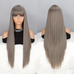 Long Straight Layered Wig With Bangs Middle Part Heat Resistant Synthetic Wig