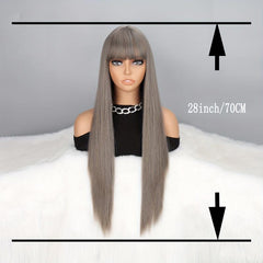 Long Straight Layered Wig With Bangs Middle Part Heat Resistant Synthetic Wig