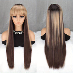 Long Straight Layered Wig With Bangs Middle Part Heat Resistant Synthetic Wig
