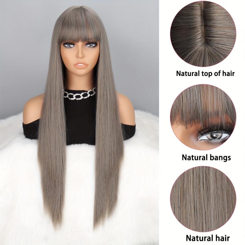 Long Straight Layered Wig With Bangs Middle Part Heat Resistant Synthetic Wig