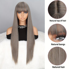 Long Straight Layered Wig With Bangs Middle Part Heat Resistant Synthetic Wig
