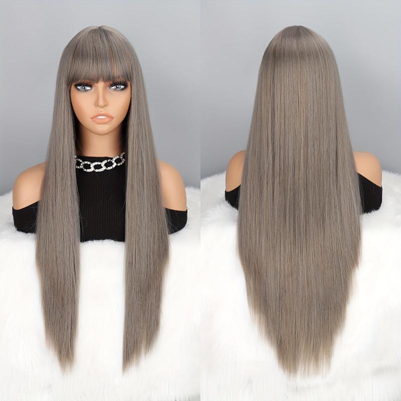 Long Straight Layered Wig With Bangs Middle Part Heat Resistant Synthetic Wig