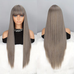 Long Straight Layered Wig With Bangs Middle Part Heat Resistant Synthetic Wig