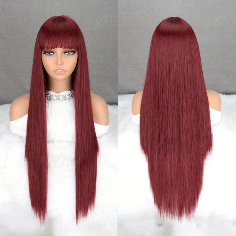 Long Straight Layered Wig With Bangs Middle Part Heat Resistant Synthetic Wig