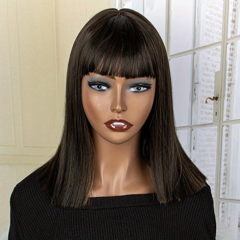 Short Bob Straight Hair Wigs With Bangs Synthetic Shoulder Length Hair
