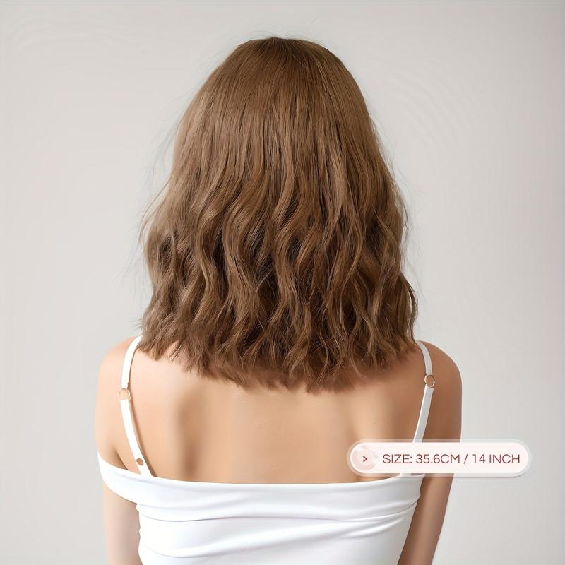Short Brown Bob Wig Women Wave Hair Bangs Heat Resistant Fiber
