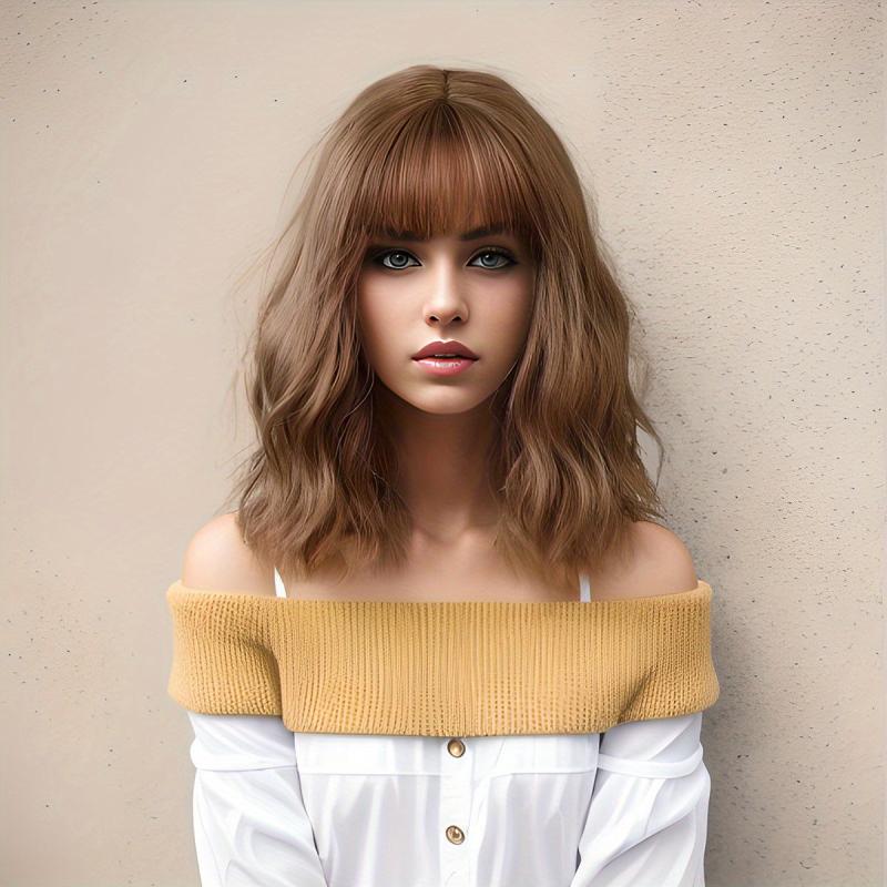 Short Brown Bob Wig Women Wave Hair Bangs Heat Resistant Fiber