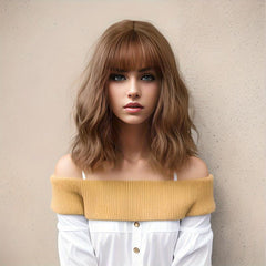 Short Brown Bob Wig Women Wave Hair Bangs Heat Resistant Fiber