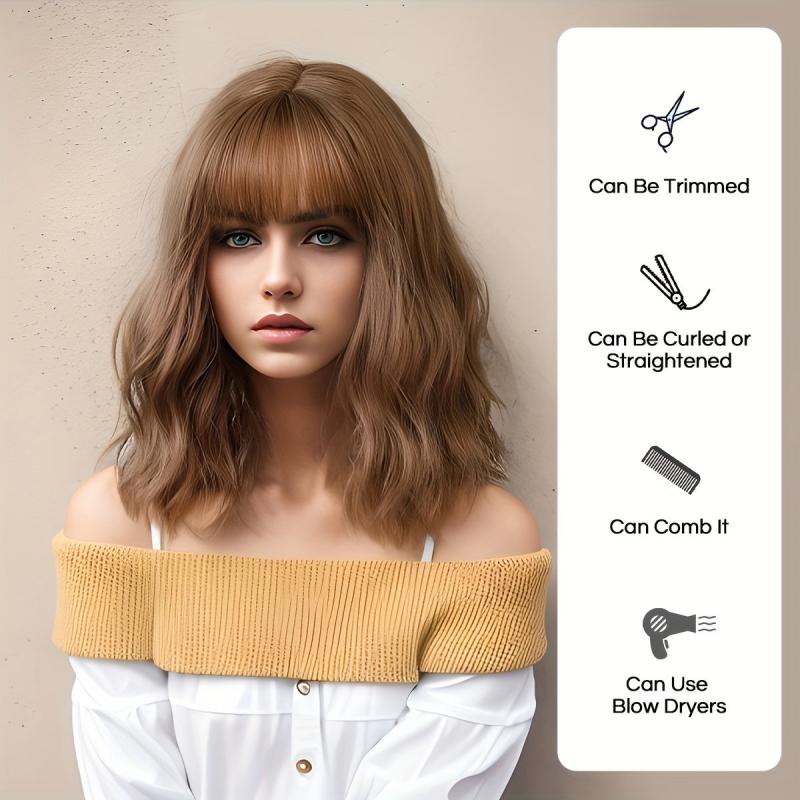 Short Brown Bob Wig Women Wave Hair Bangs Heat Resistant Fiber