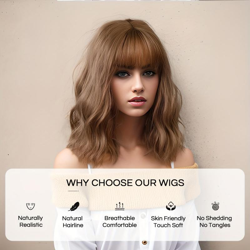 Short Brown Bob Wig Women Wave Hair Bangs Heat Resistant Fiber