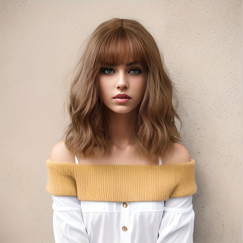 Short Brown Bob Wig Women Wave Hair Bangs Heat Resistant Fiber
