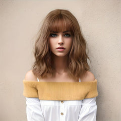 Short Brown Bob Wig Women Wave Hair Bangs Heat Resistant Fiber