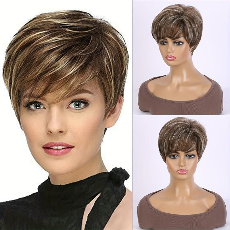 Short Pixie Cuts Hair Wigs For Women Girls Brown Blonde Mixed Wigs With Bangs
