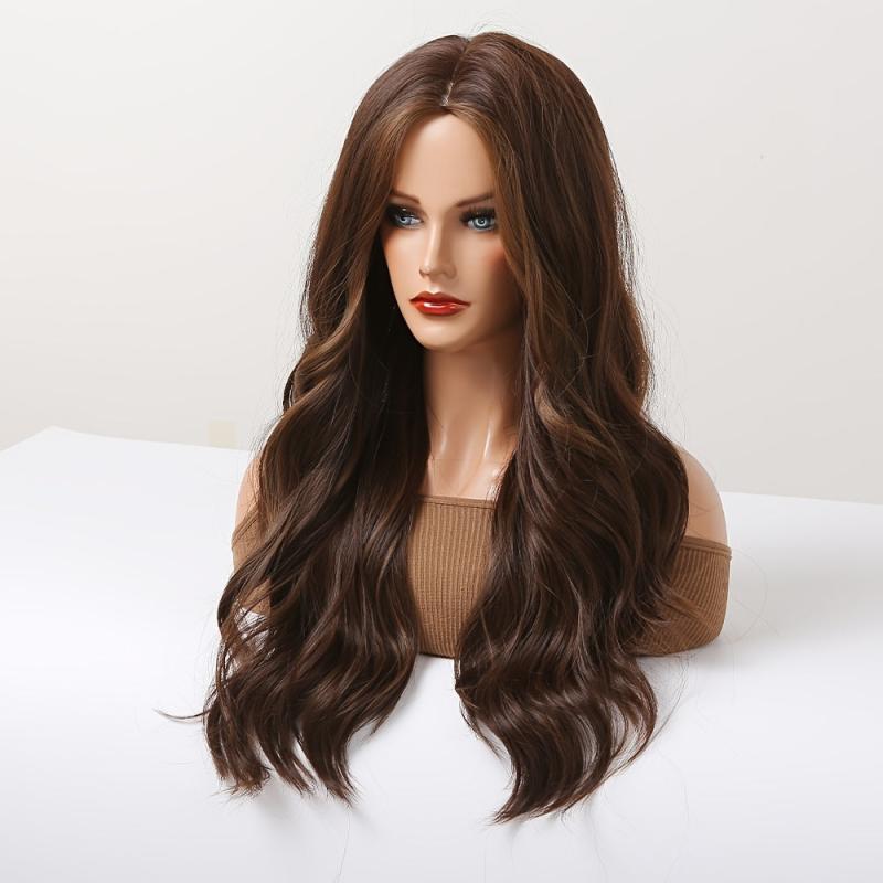 Long Dark Brown Wavy Curly Hair Wig With Fringe for Women