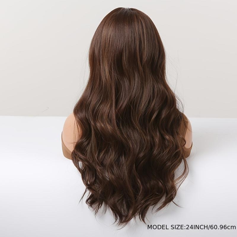 Long Dark Brown Wavy Curly Hair Wig With Fringe for Women