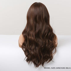 Long Dark Brown Wavy Curly Hair Wig With Fringe for Women