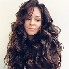 Long Dark Brown Wavy Curly Hair Wig With Fringe for Women