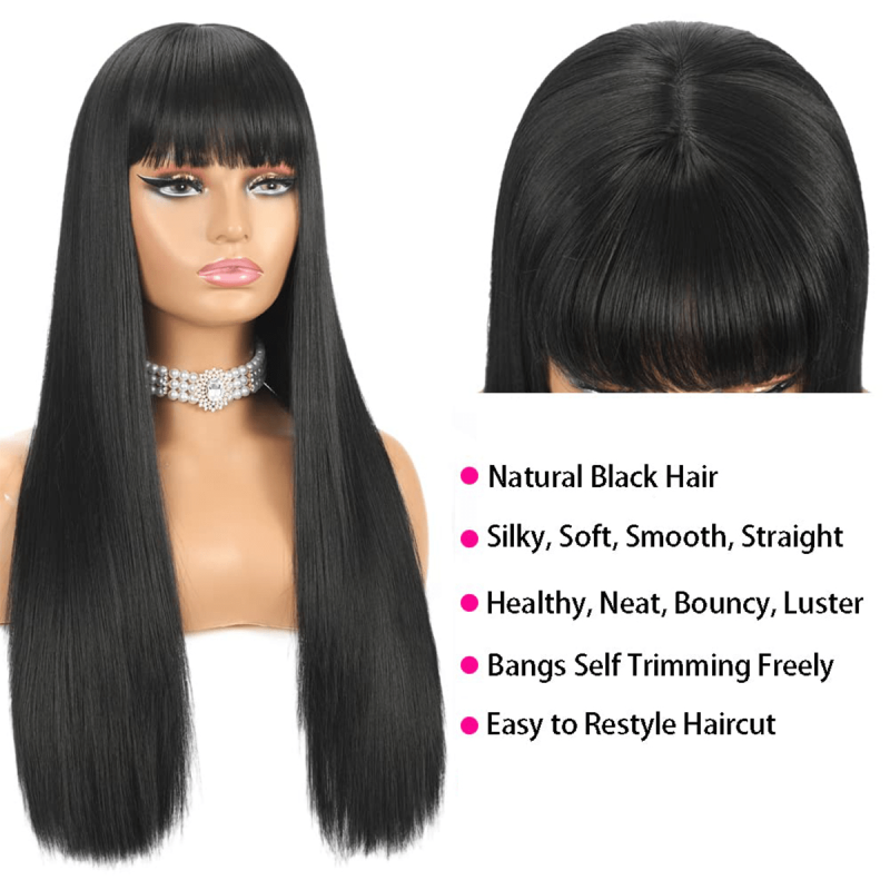 Silky Soft Human Hair Wig with Bangs for Women Girls